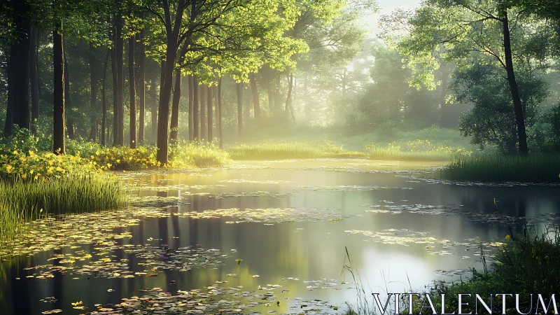 Misty Forest River with Morning Light.
