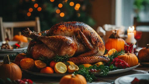 Golden holiday turkey glowing on a cozy candlelit table.