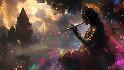 Figure playing flute beside temple amid dense atmospheric haze