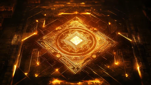 Geometric metallic plate with illuminated golden circuitry.