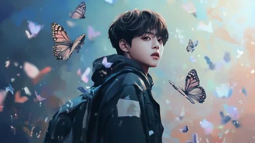 Soft-eyed wanderer walking through a drifting butterfly dream.