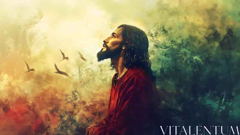 Solitary robed figure looking upward amid abstract sky.