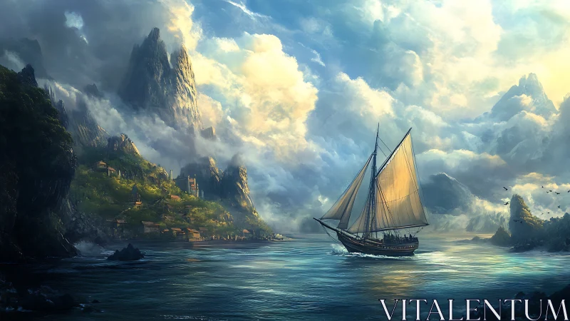 Sailing vessel passing coastal settlement under clouded peaks.