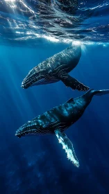 Dual humpback whales in axial blue-water illumination field.