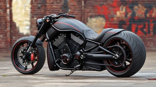 Midnight custom motorcycle glows against urban brick walls.