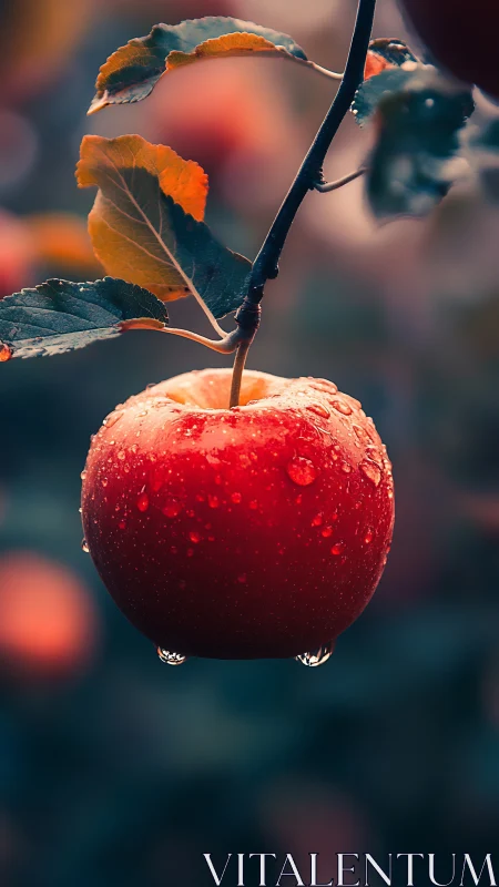 Water-dappled red apple hanging from branch at dusk.