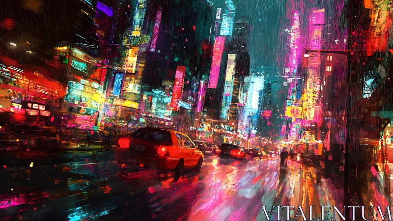 Rainy neon city street with taxis and glowing billboards.