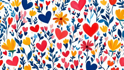 Vibrant Botanical Floral Pattern with Hearts and Leaves Composition