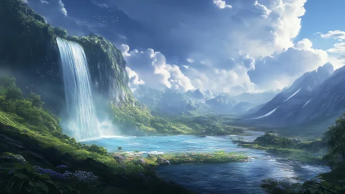 Digital rendering depicts wide valley with waterfall and lake