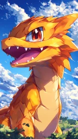 Golden dragon hatchling looks upward under bright summer sky