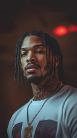 Low key portrait with shallow depth and warm specular highlights.