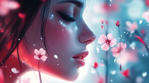 Digital portrait of tearful woman among glowing blossoms.