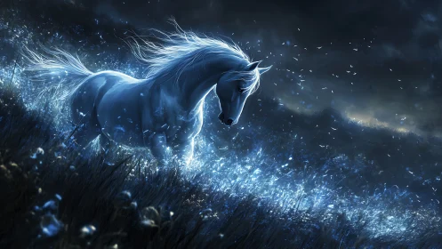 Moonlit phantom stallion racing through a storm of starlight.