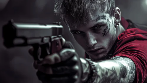Tattooed young male aiming handgun in low key portrait.