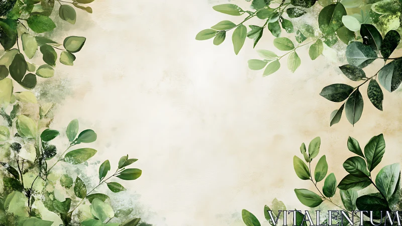 Soft watercolor leaves frame gentle botanical background.