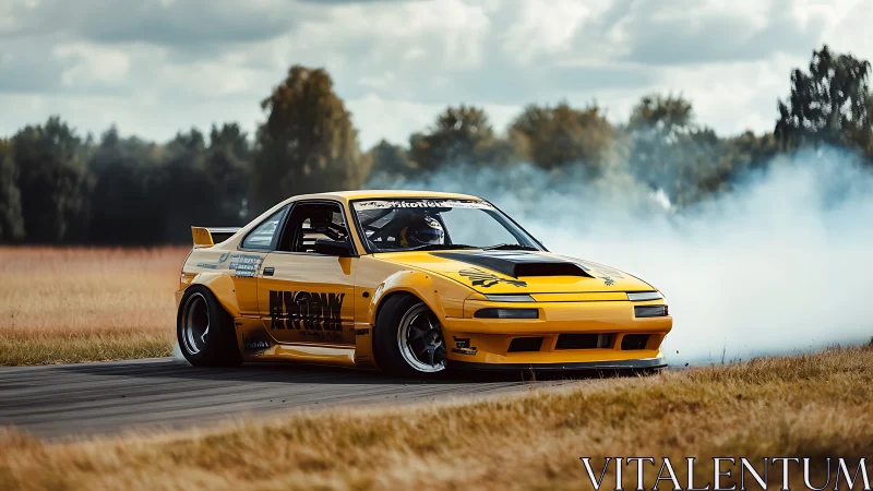 Yellow drift missile carving smoky arcs across autumn asphalt.