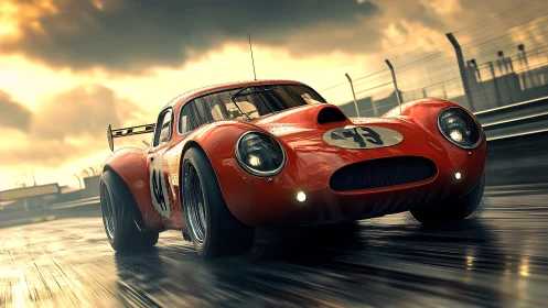 Scarlet vintage racer carves reflections through wet twilight