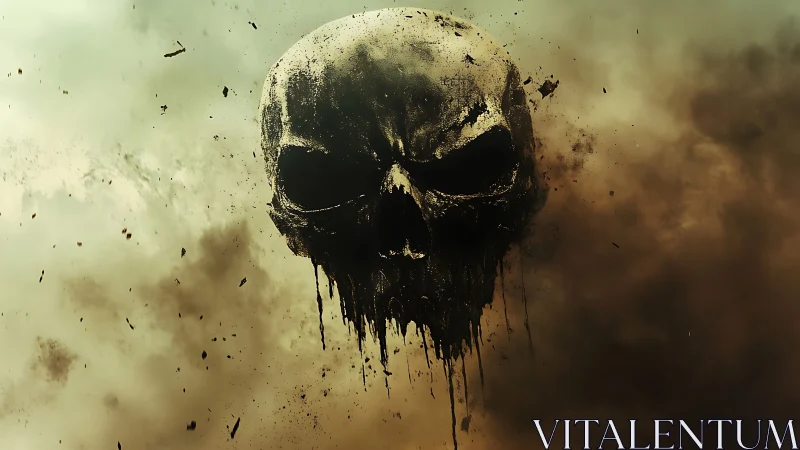 Suspended deteriorating skull formed from drifting dark debris.