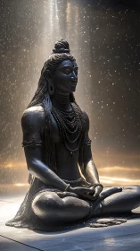 Bronze meditative deity statue in focused studio lighting.