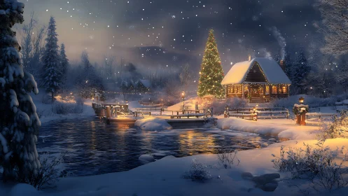 Snow-dusted riverside cottage strings winter light into song