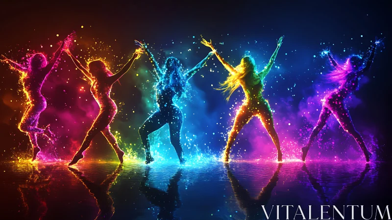 Rainbow silhouettes dancing in a splash of electric light.