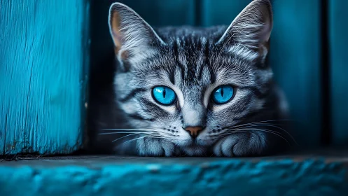Gray tabby cat with blue eyes in teal architectural setting.