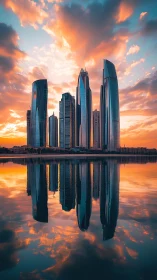 Sunset-illuminated glass skyscrapers mirrored in still waterfront