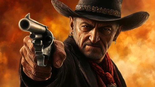 Weathered gunslinger carves silence through blazing desert air
