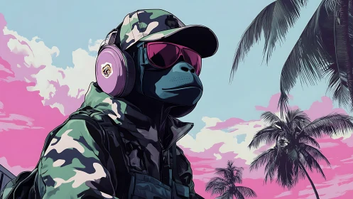 Anthropomorphic ape soldier in camo under neon sunset sky