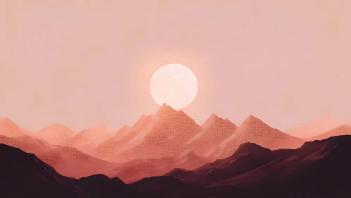 Blush desert mountains beneath a glowing pale sun at dusk.