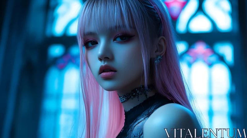 Gothic neon portrait of pink haired woman in cyan backlight.