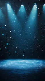 Empty blue stage under spotlights with floating light particles.