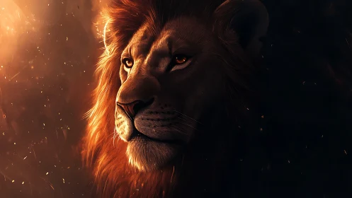 Regal lion portrait in emberlit shadowed atmosphere.
