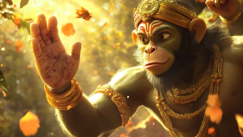 Divine monkey warrior in golden autumn light.