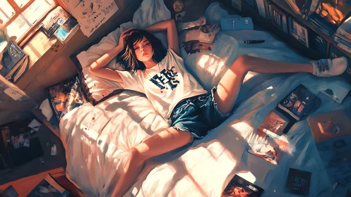 Sunlit girl sprawls in messy bedroom, lost in quiet daydreams.