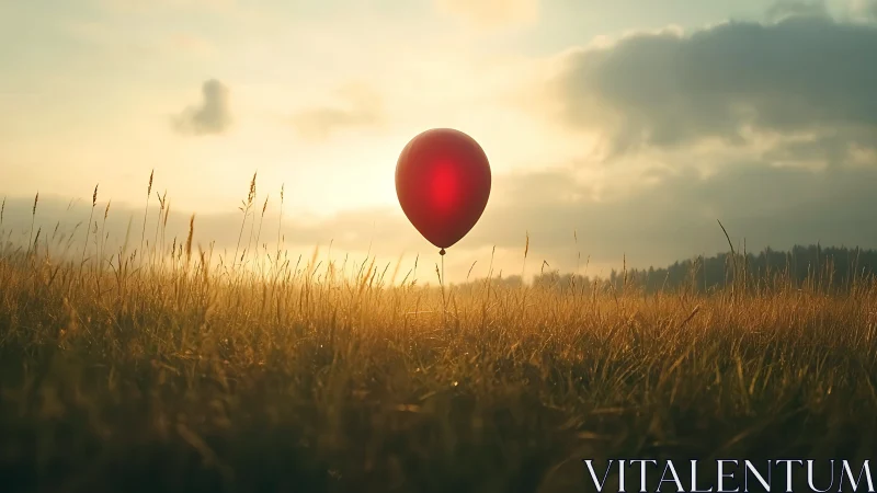 Red balloon anchors the golden field under diffuse sunset light