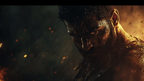 Battle-scorched warrior glaring through ash and ember storm.