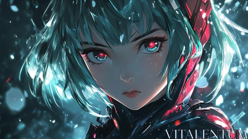 Neon-eyed cyber heroine in stormlit digital standoff.