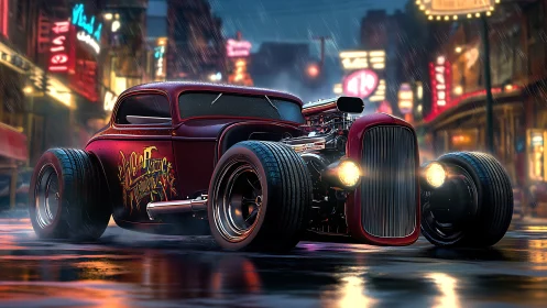 Custom hot rod glowing on a rainy neon city street at night.