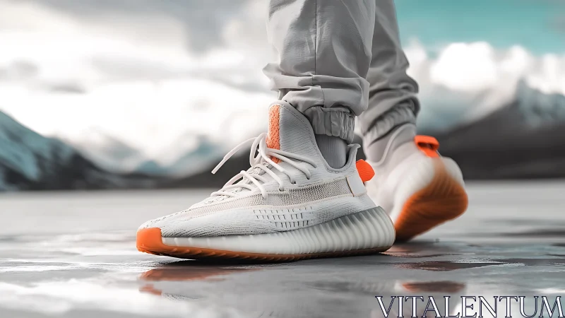 Modern sneakers stand bold against a misty mountain backdrop.