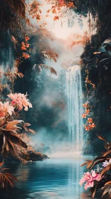 Vibrant tropical waterfall scene with mist and flowers.