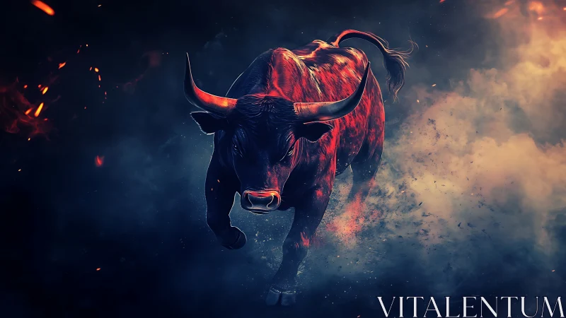 Red-lit bull advances through dense smoke in dark setting