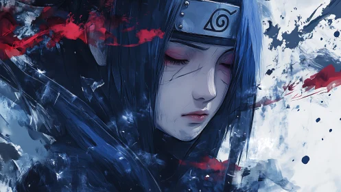 Blue haired shinobi portrait with abstract splatter background.