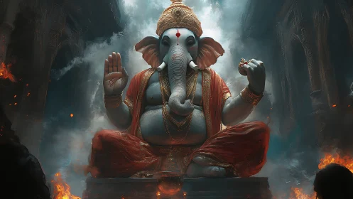 Divine Ganesha deity in cinematic 3D temple composition.