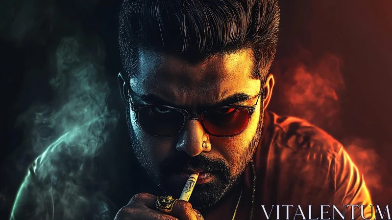 Moody close-up portrait of intense man in colored smoke.