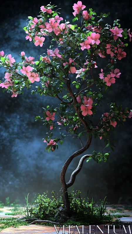 Pink Flowering Tree Against Dark Wall.