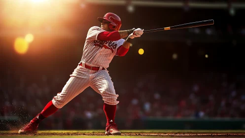 Baseball hitter drives powerful swing under warm stadium lights