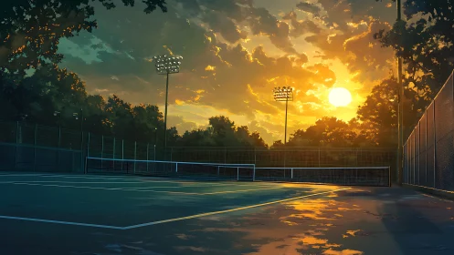 Sunset glows across a quiet tennis court washed in reflections