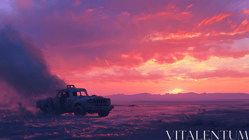 Dusty truck chasing the last light of a neon desert sunset.