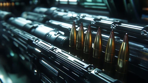 Metallic rifle cartridges stand aligned on engineered rails